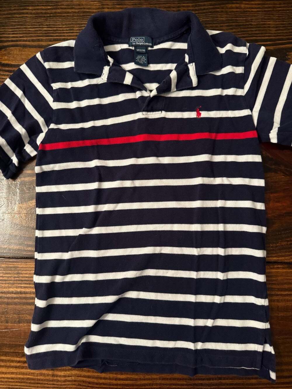 Polo Ralph Lauren Navy Blue and White Striped Polo Shirt with Red Stripe and Pon
